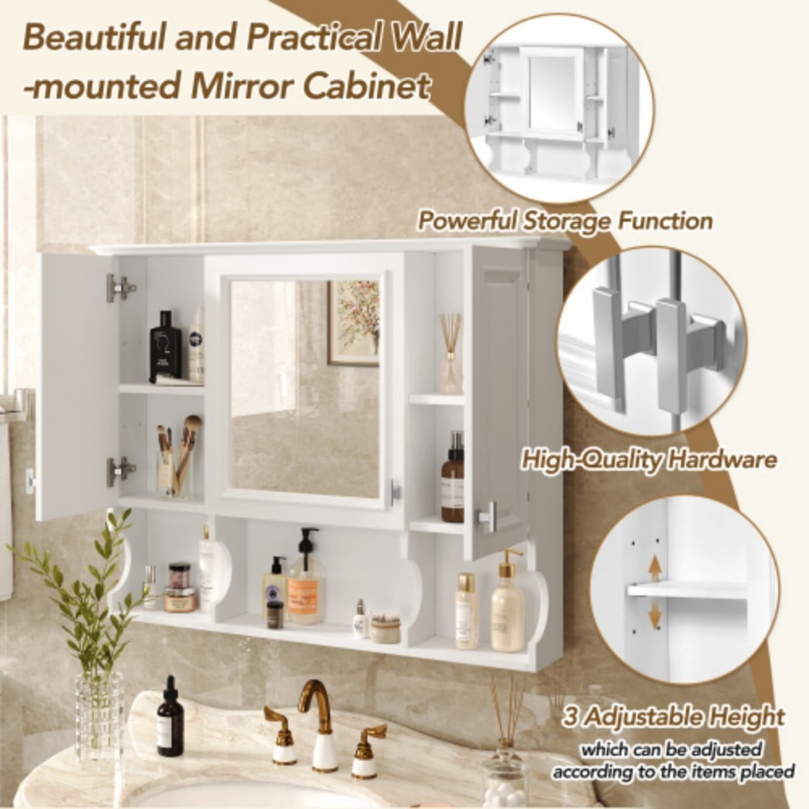 35" x 28"Bathroom Mirror Cabinet, Wall Mounted Medicine Cabinet with Adjustable Shelves, Modern Bathroom Wall Cabinet with Open Storage Shelves, 3 Door Mirrored Storage Cabinet, White