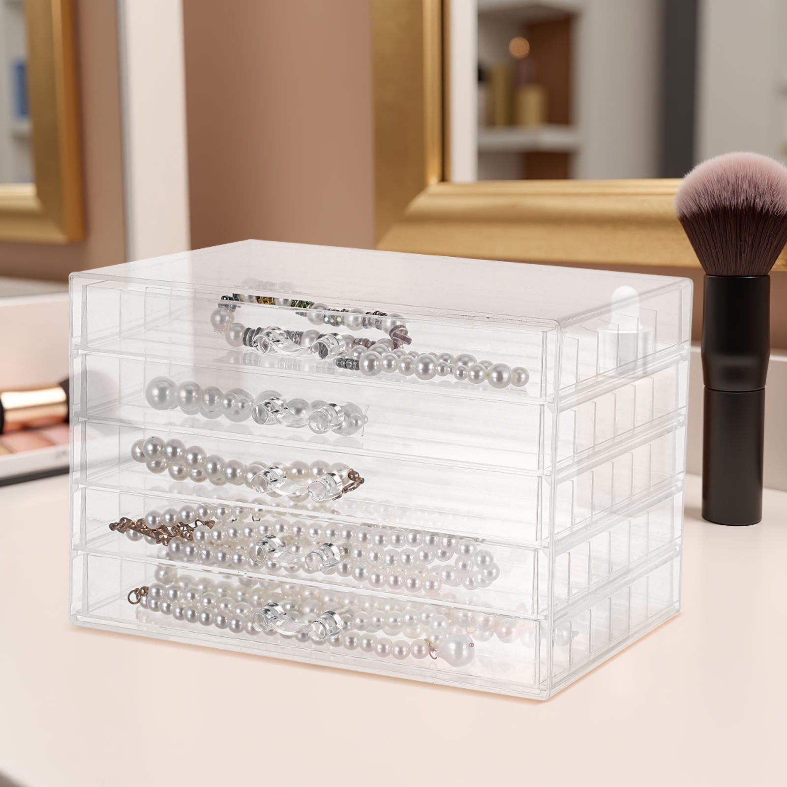 OFFIGAM Clear Plastic Jewelry Organizer for Women with 5 Layer Drawers and Multiple Independent Storage Compartments