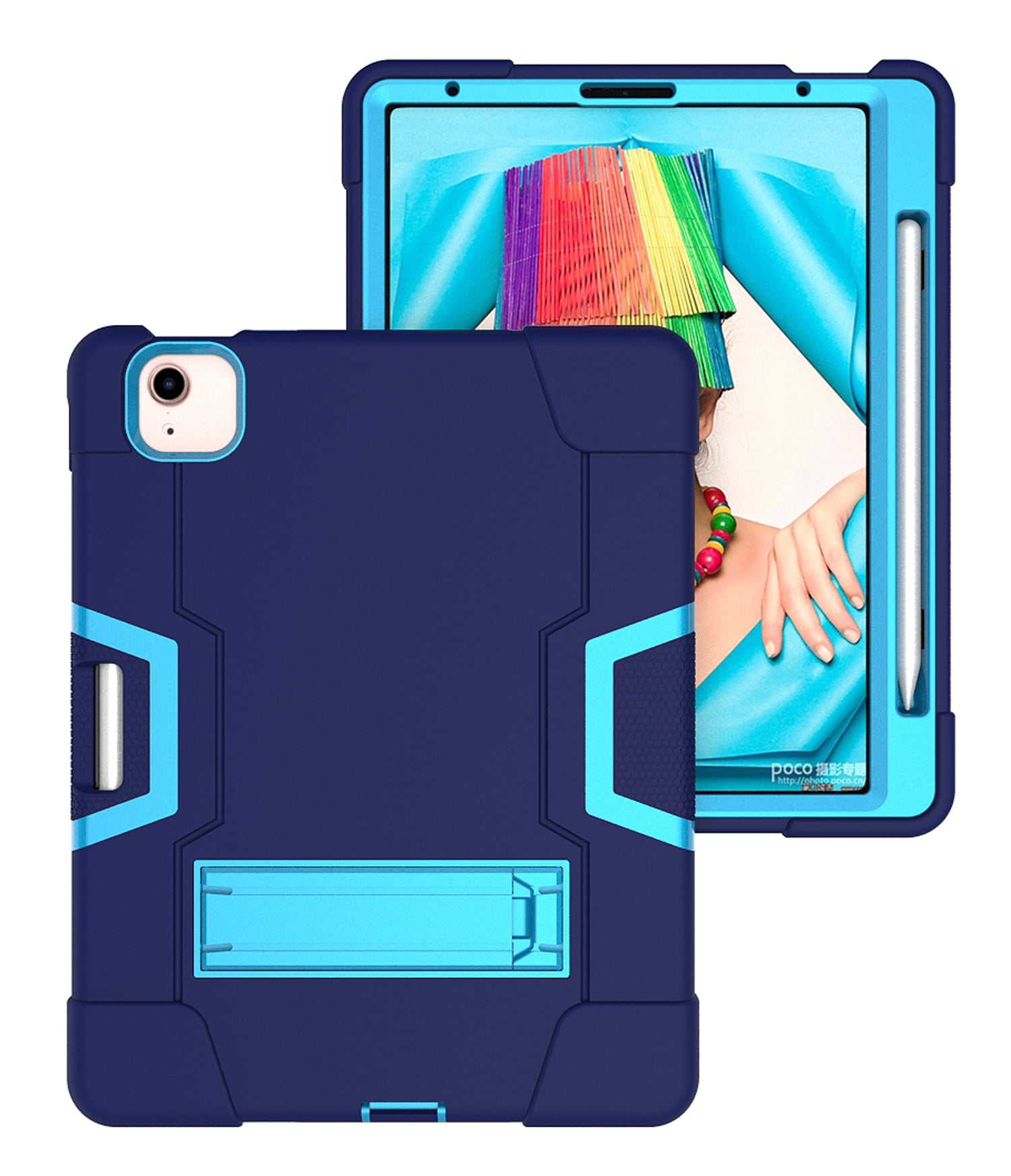 Allytech iPad Air 5 Case 2022, iPad Air 4 Case 2020, Heavy Duty Protection Shockproof Build In Kickstand Pencil Holder Kids Friendly Case for Apple iPad Air 5th 4th Generation, BlackNavyblue/Blue