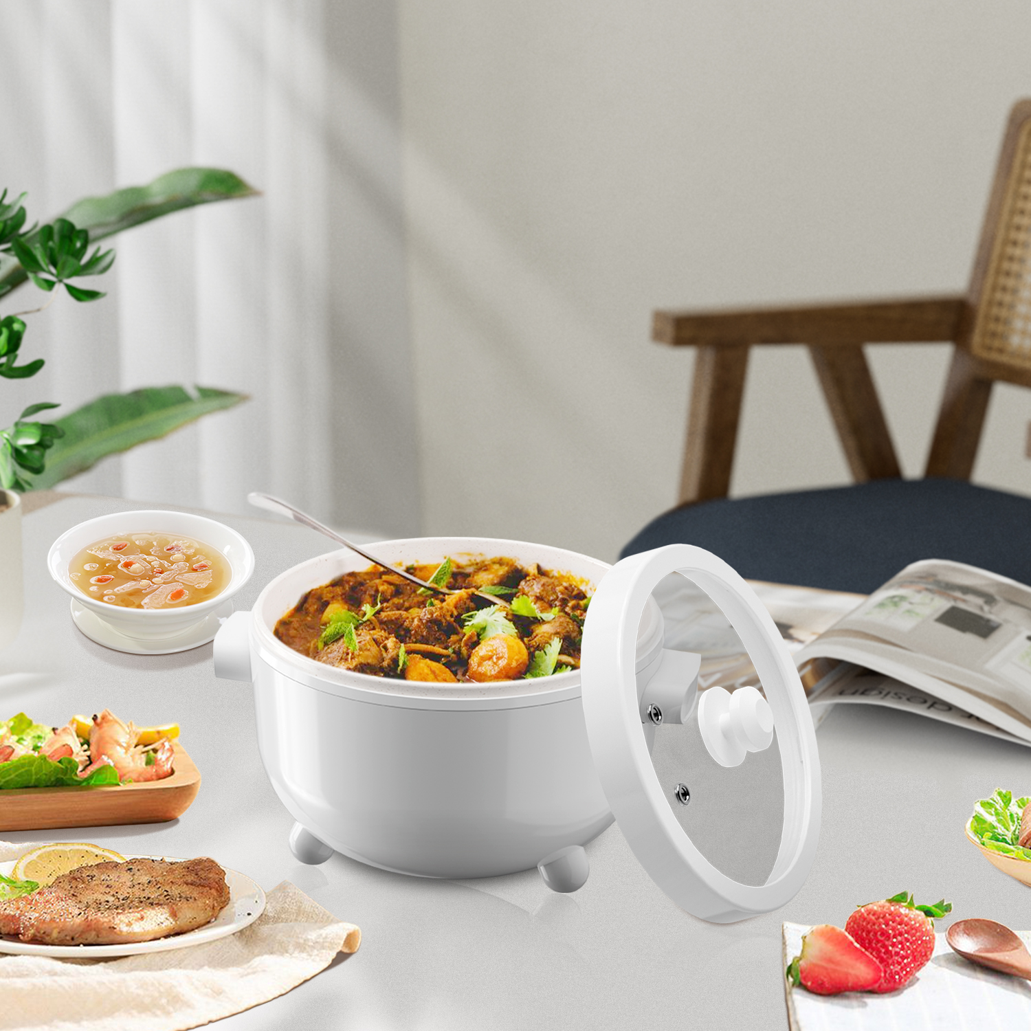 CACHOO  Electric Hot Pot with Steamer, Rapid Noodles Cooker, Ceramic Electric Pot 2 Liter, Ideal for Ramen, Egg, Dumpling, Soup, Oatmeal with Temperature Control and Keep Warm Function, White