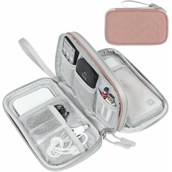 Electronic Organizer, Travel Cable Organizer Bag Pouch Electronic Accessories Carry Case Portable Waterproof Double Layers All-in-One Storage Bag for Cable, Cord, Charger, Phone, Pink Pattern