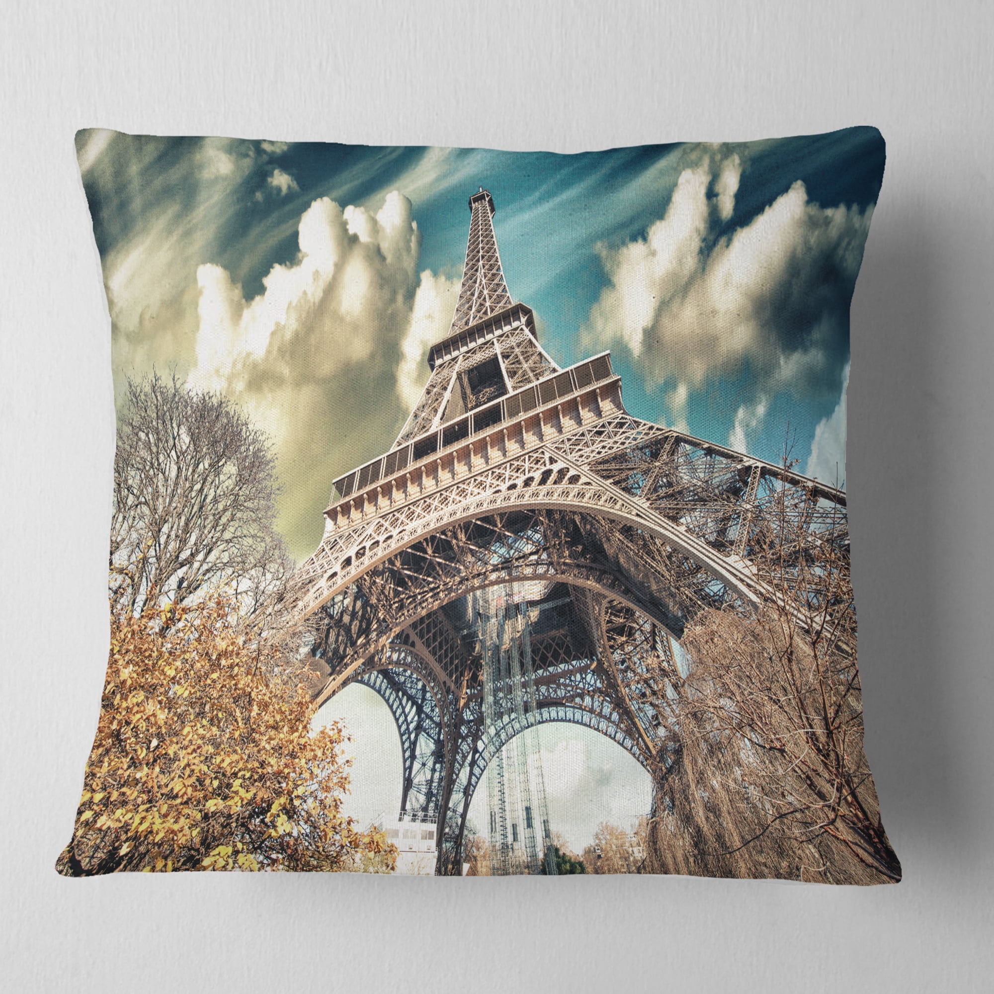 Designart Street View of Paris Eiffel Tower - Cityscape Digital Throw Pillow - 18x18