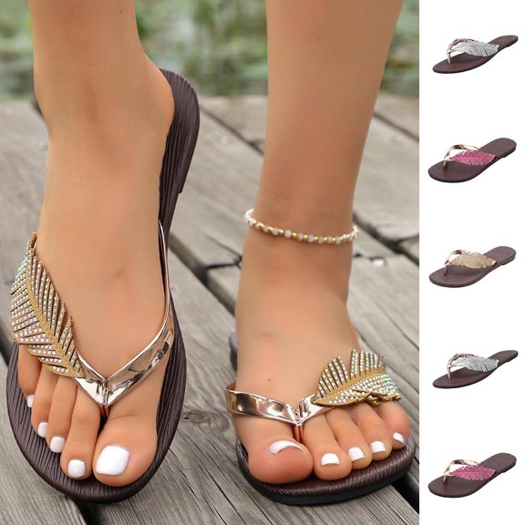 Miluxas Womenβs Rhinestone Leaf Thong Flip Flops, Metallic Strap Flat Summer Sandals, Sparkly Crystal Leaf Decor Slip On Beach Slippers Silver 9.5(43)