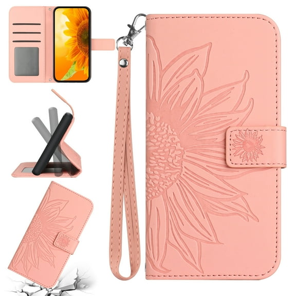 Mantto for iPhone 16e Wallet Case with Wrist Strap,Stylish Sunflower Embossed PU Leather Shockproof Protective Magnetic Flip Stand Card Slots Protective Phone Cover,Pink