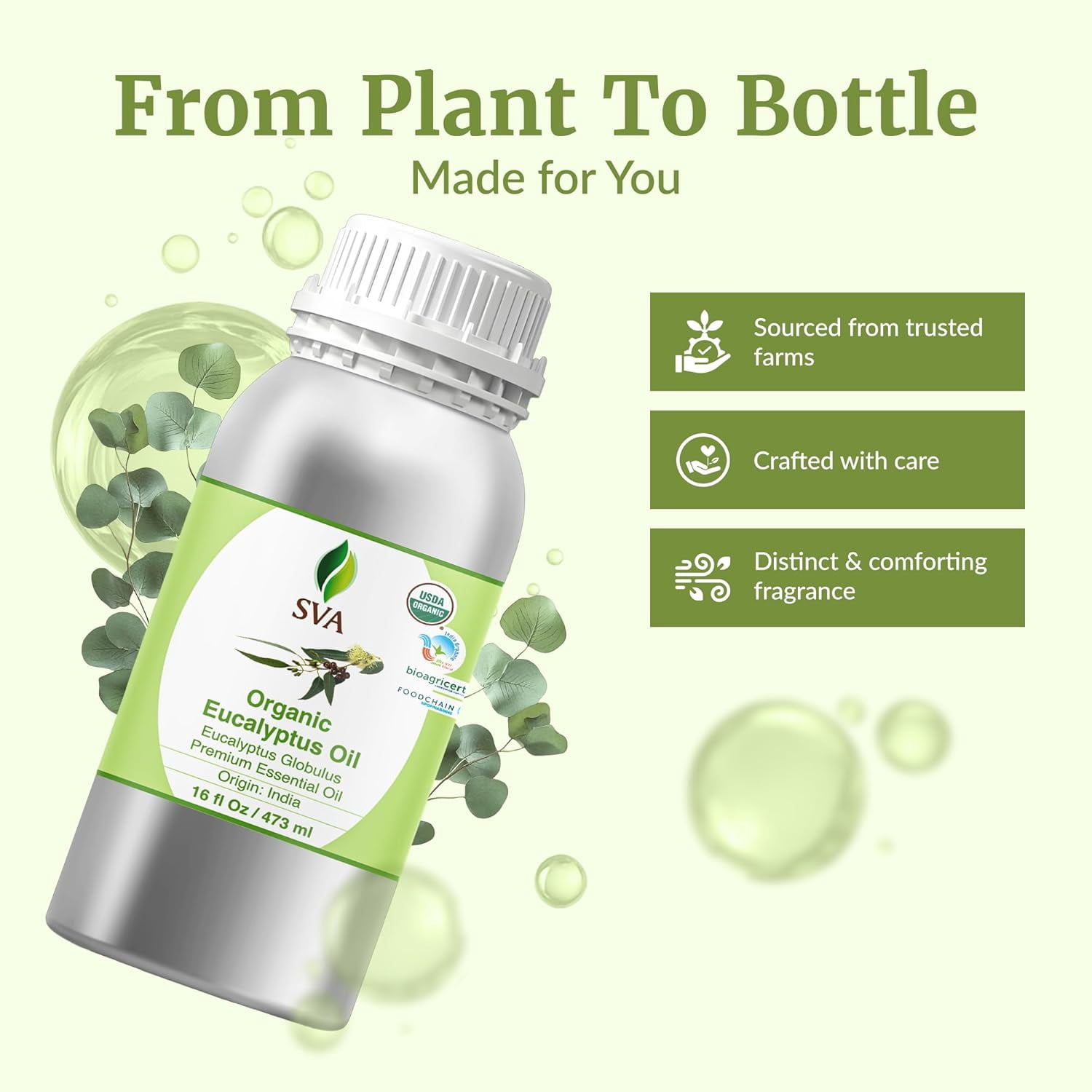 SVA Eucalyptus Essential Oil Organic – 16 Fl Oz – 100% Natural Organic Eucalyptus Oil for Hair, Face, Skin Care, Diffuser, Aromatherapy, Scalp, Body Massage, Soap and Candle Making
