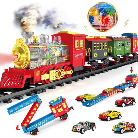 Electric Train Set Christmas Train Toys for Boys with Smokes, Lights and Sound (ON/Off) Train Set Under Christmas Tree, Toddler Model Trains for 3 4 5 6 7 8  Years Old Kids Gifts