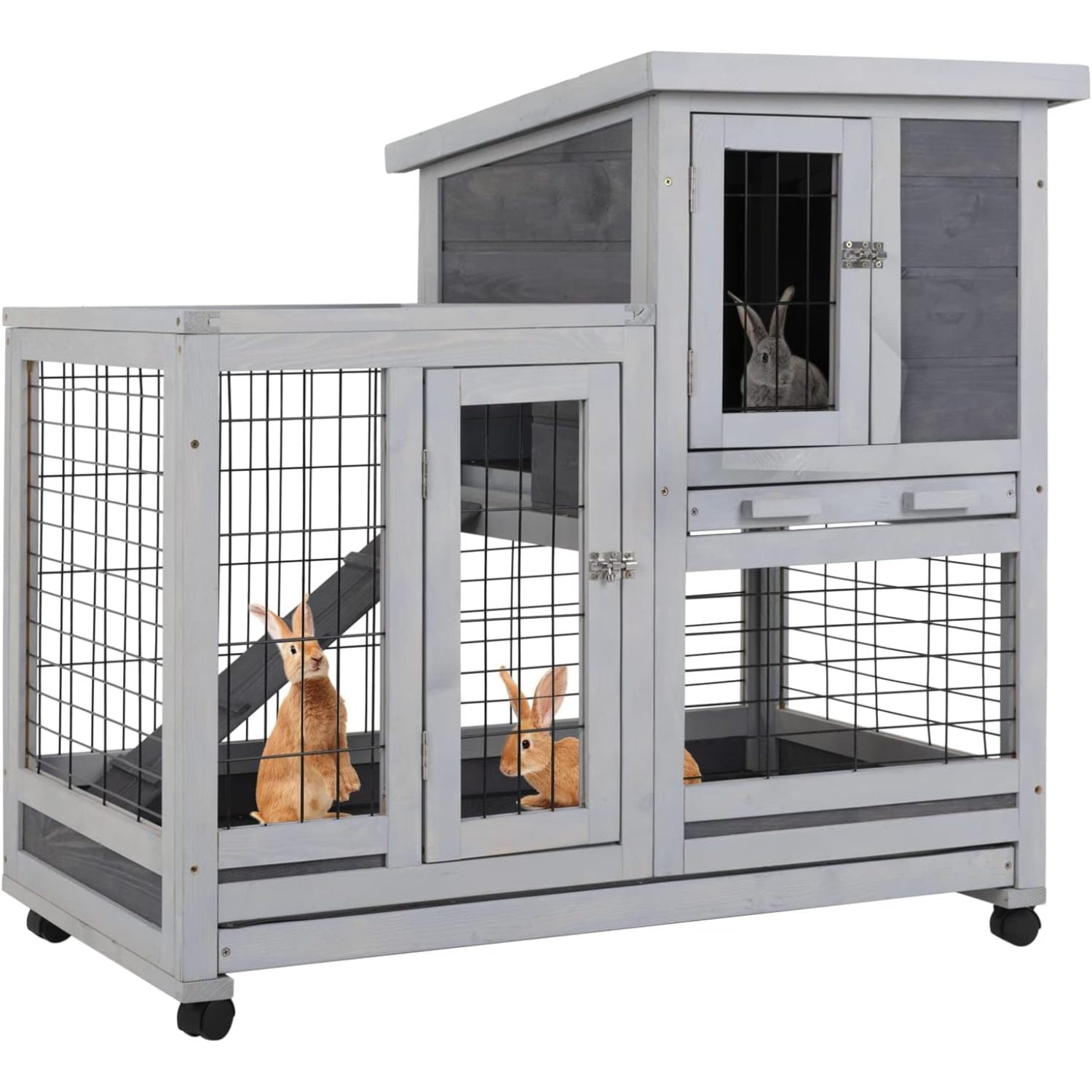 37 Inch Wood Rabbit Hutch Rabbit Cage Bunny Hutch Rolling Large Bunny