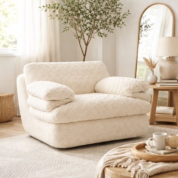 GOMYHOME Corduroy Swivel Lounge Chair, Upholstered Modern Accent Chair, White