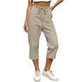 thumbnail image 2 of Womens Capri Pants Cotton Linen Drawstring Elastic Waist Cropped Trouser Solid Color Loose Straight Long Shorts with Pockets for Daliy Wear, 2 of 7