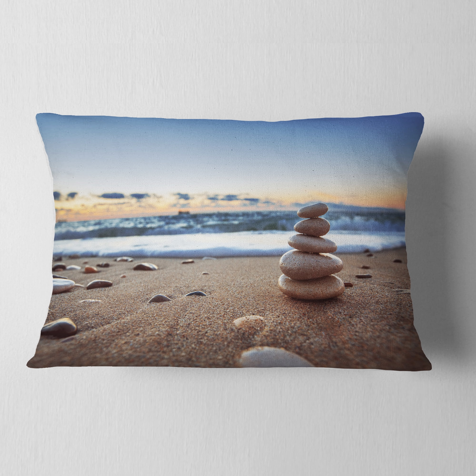Designart Stones Balance on Sandy Beach - Seashore Throw Pillow - 12x20