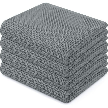 JJEAN-100% Cotton Waffle Weave Kitchen Dish Towels Ultra Soft Absorbent Quick Drying Cleaning Towel 13 x 28 Inches 4-Pack Grey