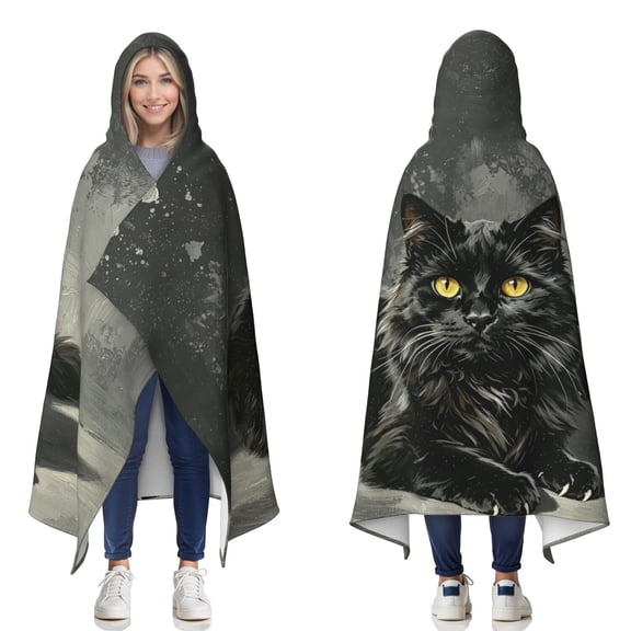 Vintage Black Cat Wearable Blanket Hoodies for Women Men Adults Cat Lovers Cozy Plush Yellow Eyes Cats Hooded Blankets for Bedding Office Decor Birthday Gifts 50X60 Inch