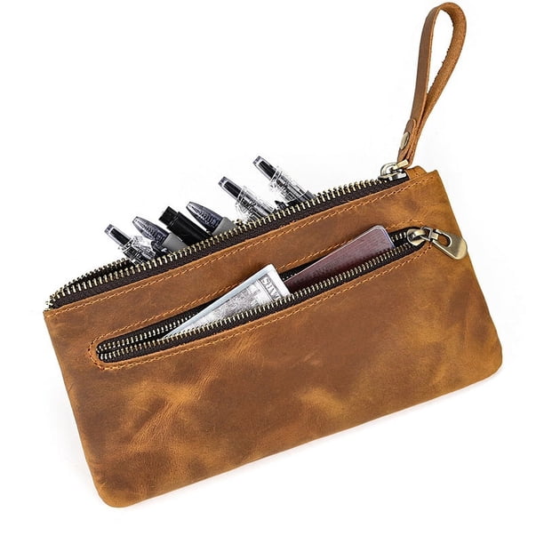 Estuche de Cuero - Hecho a Mano con Cremallera - Belleza Duradera - Elegante - Práctico - Estuche - Estuche para Lápices Escolar u Oficina - Diseño Único - Bolsillo Lateral - Llavero