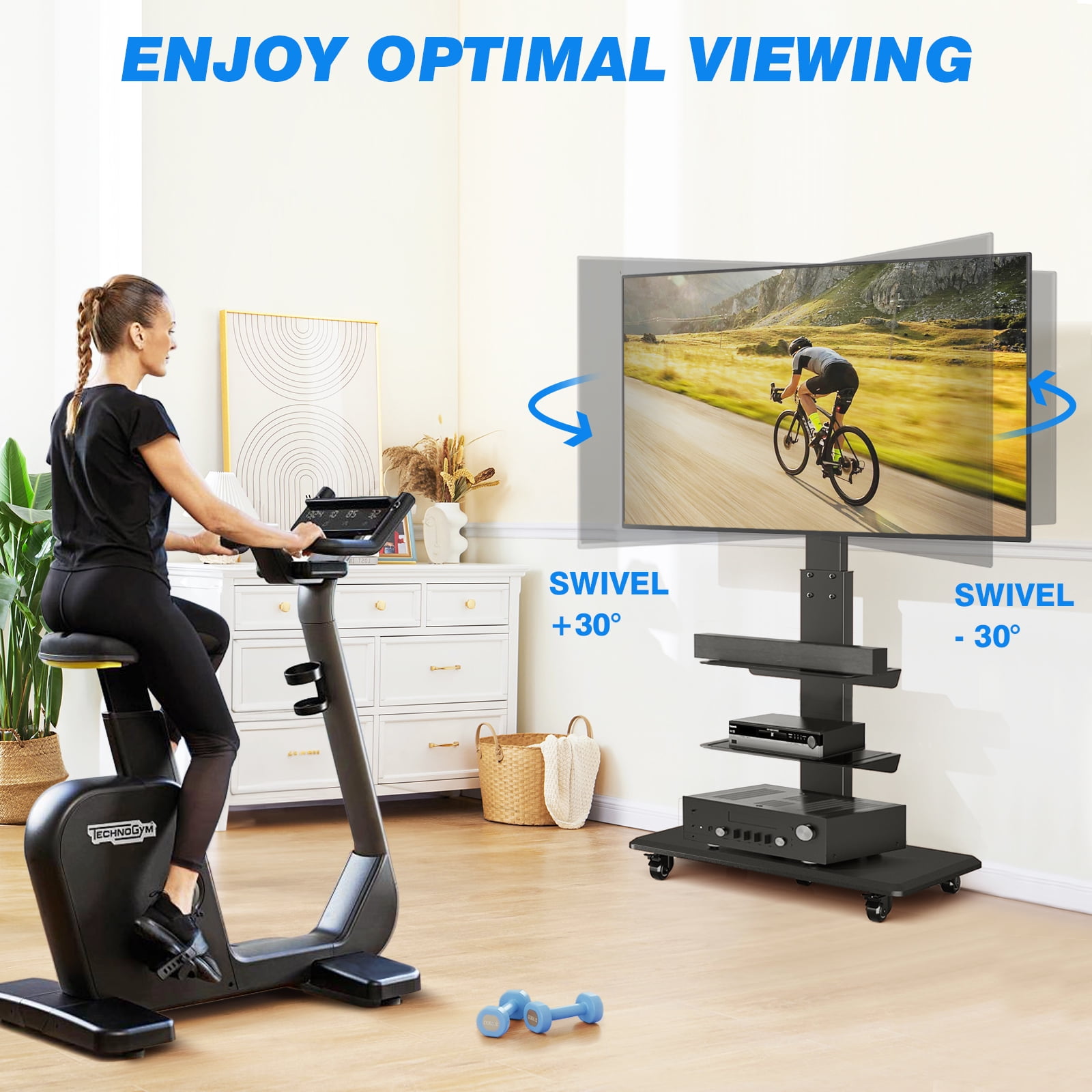 RTVR Universal Rolling Mobile TV Stand for 40-75 inch Flat Screens, Swivel Adjustable Corner Floor TV Stand for Home Office, Black