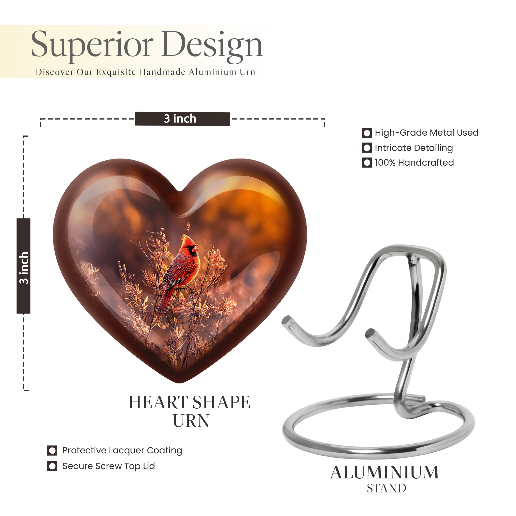 MUKTIVE Cardinal Bird Urns for Human Ashes Adult for Burial - Keepsake Heart Cremation Urn for Funeral, Memorial - Brown Adult Urns for Human Ashes - Bird 3 Inch Cremains for Women & Men
