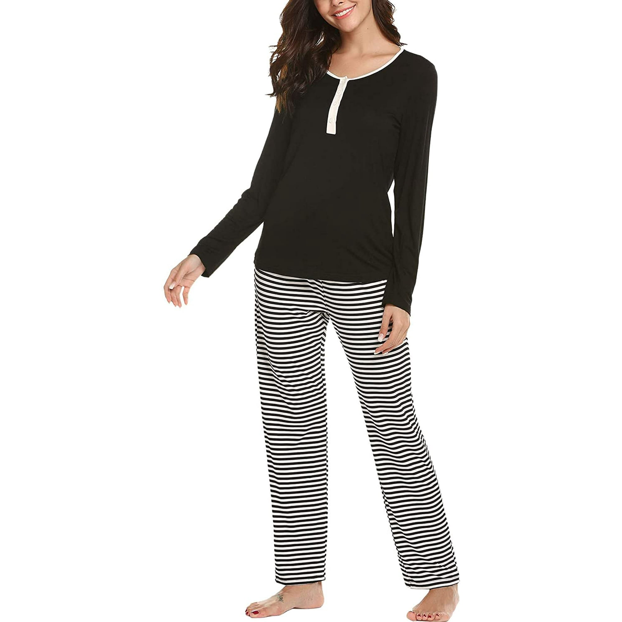 Women Pajama Sets Long Sleeve Pajamas Soft Sleepwear Set Striped Pajamas for Sleeping Black Large Walmart