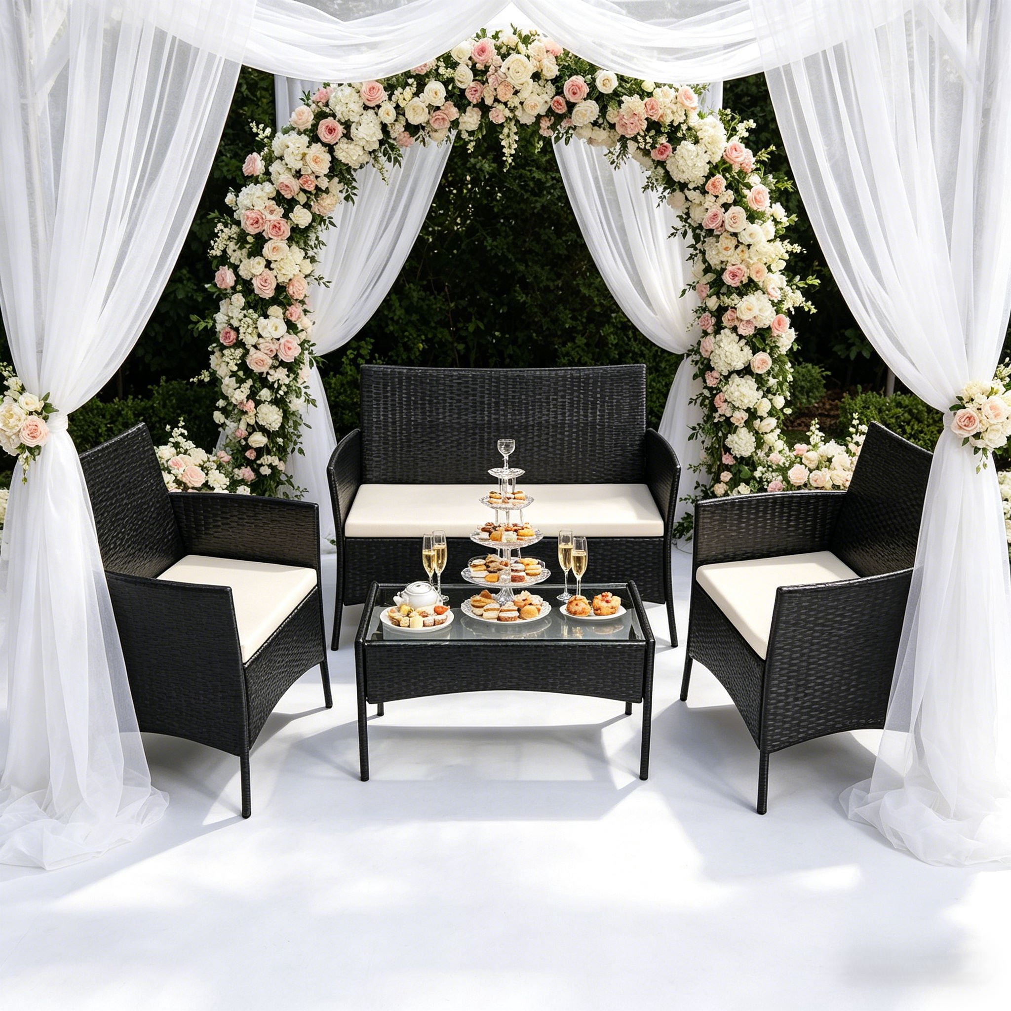 Ktaxon 4Pcs Rattan Wicker Conversation Set with Tempered Glass Table, Outdoor Patio Wicker Furniture Sofa Set for Garden, Poolside, Deck, Lawn, Black