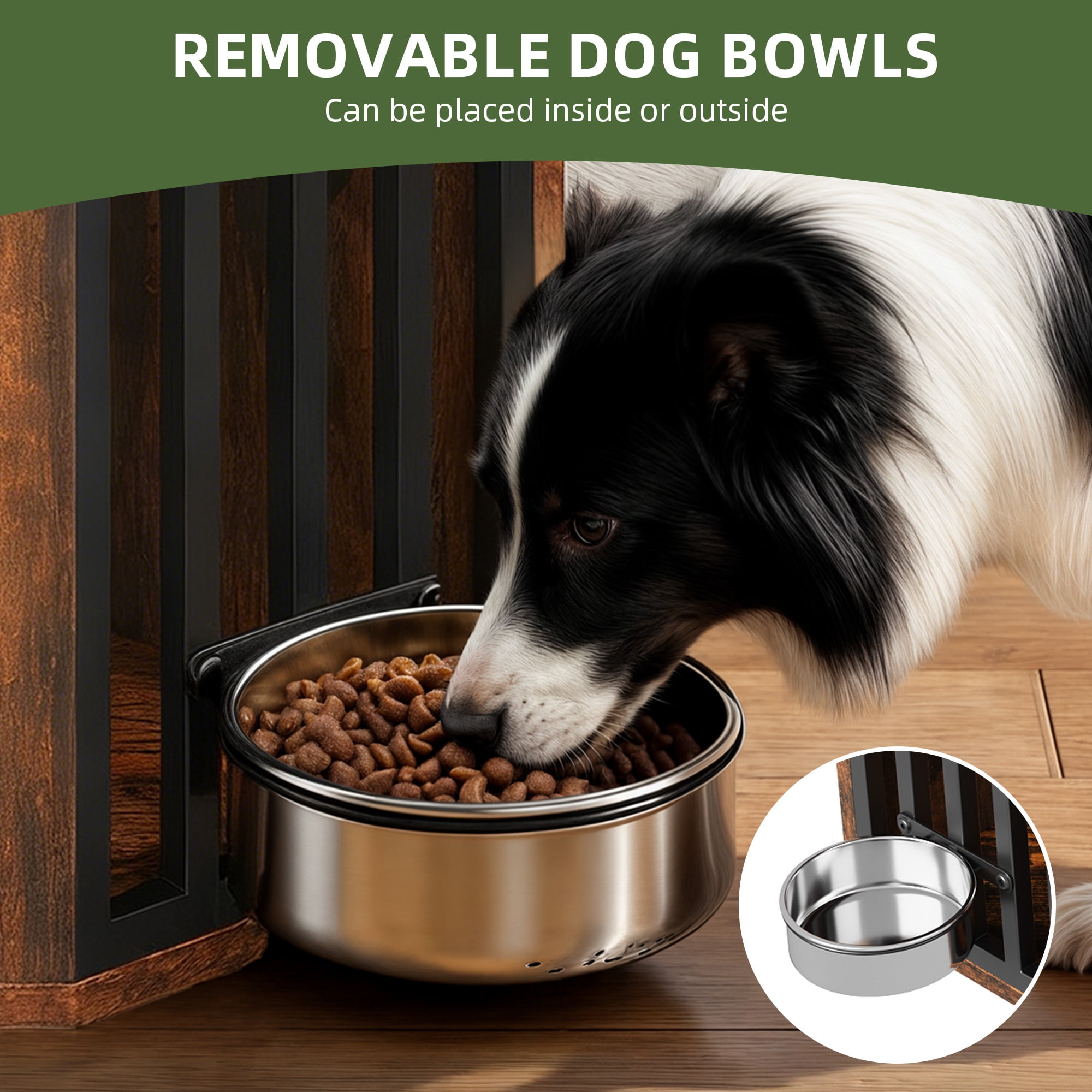 Uforic 52 Inch Rustic Brown Corner Dog Crate Furniture, Indoor Heavy Duty Kennel with LED Light, Power Outlets & 360° Bowl