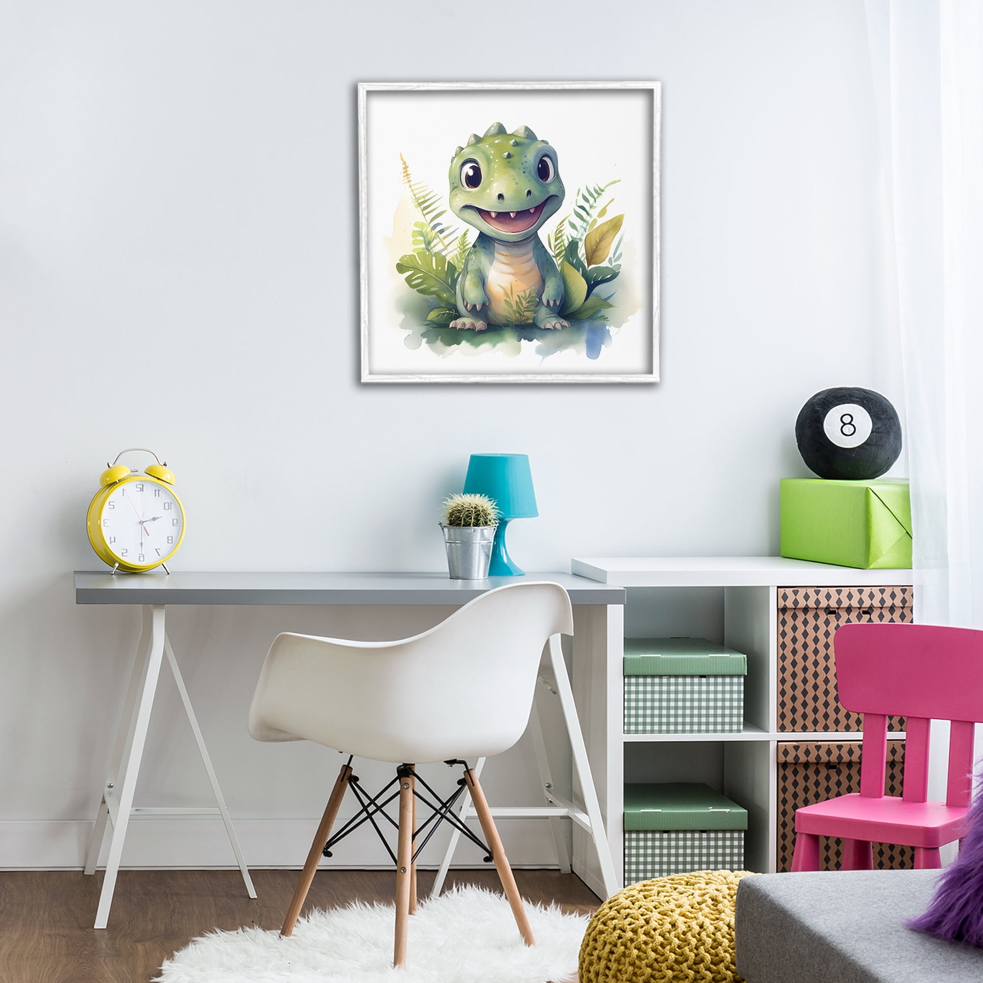 Stupell Industries Crafty Dino & Foliage White Framed Giclee Art, design by Steve Hunziker