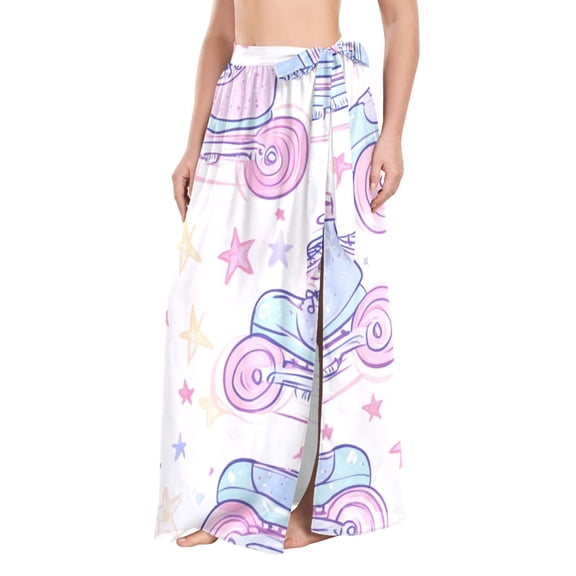 FORMRS Womens Long Sarong Beach Wrap Semi-Sheer Bikini Skirt Bathing Swimsuit Cover Up, Pink Skates