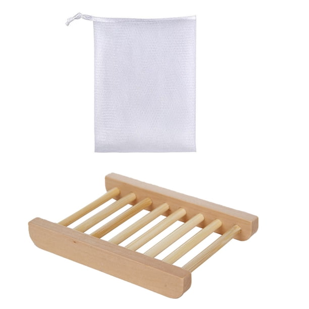 1 juego de jaboneras de baño y redes para hacer burbujas, caja de madera hueca para jabón, bolsas de espuma (2 jaboneras y 10 bolsas de espuma)