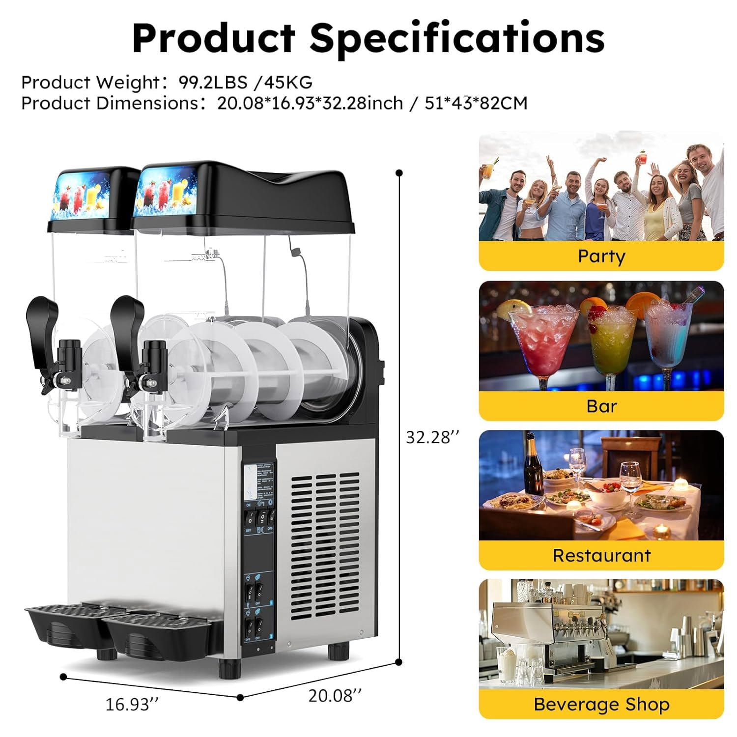 Joreek Commercial Slushy Machine 2x15L Electric Crushed Ice Maker Beverage Dispenser Built in Stirrer for Slushies, Ice Coffee & Cocktail