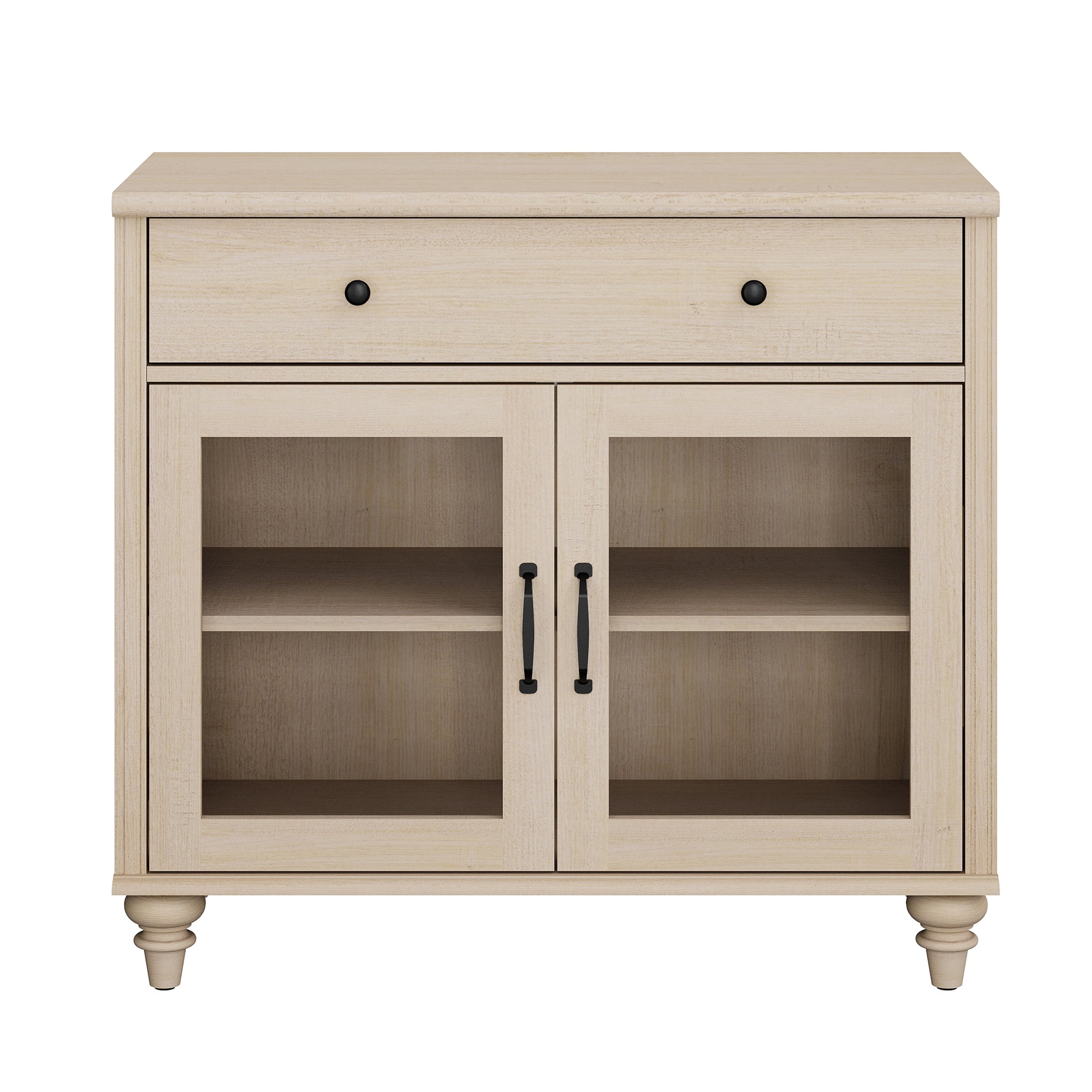 72"H x 33.9"W 5,Tier Farmhouse Wooden Bookcase, Display Bookshelf with Glass Doors, Roomy Storage Cabinet & Wood Drawer, Library Book Shelf for Living Room, Office, Kitchen, Beige
