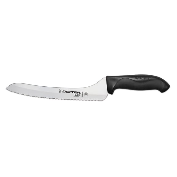 Dexter Russell S360-9SC-PCP Dexter 360 (36008) Slicer, 9", stamped, scalloped edge, offset, DEXSTEEL stain free, high carbon steel, polypropylene/Santoprene handle, black, NSF​​‌​‍​​‌‌​‌‌‍​​‌