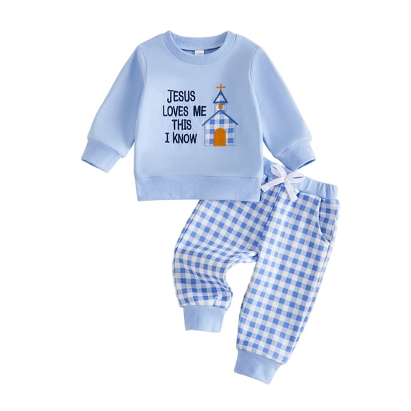 RUINIXCW Toddler Baby Boy Fall Outfit Church Letter Sweatshirt Plaid Pants 2Pcs Set