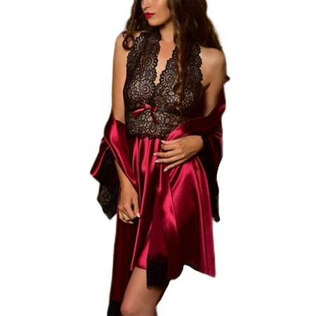 

Woobling Women Lingerie Deep V Neck Chemise Two Pieces Mini Nightgown Lace Ladies Sexy Hollow Out Crotchless Wine Red XL