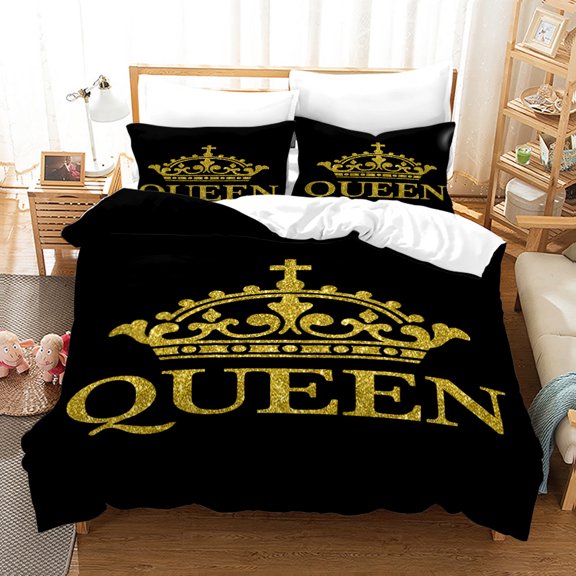 YJHDM Gold Crown Bedding Set 3D Black Down Duvet Cover Pillowcase 2/3pcs Queen's Dirty Quilt Cover