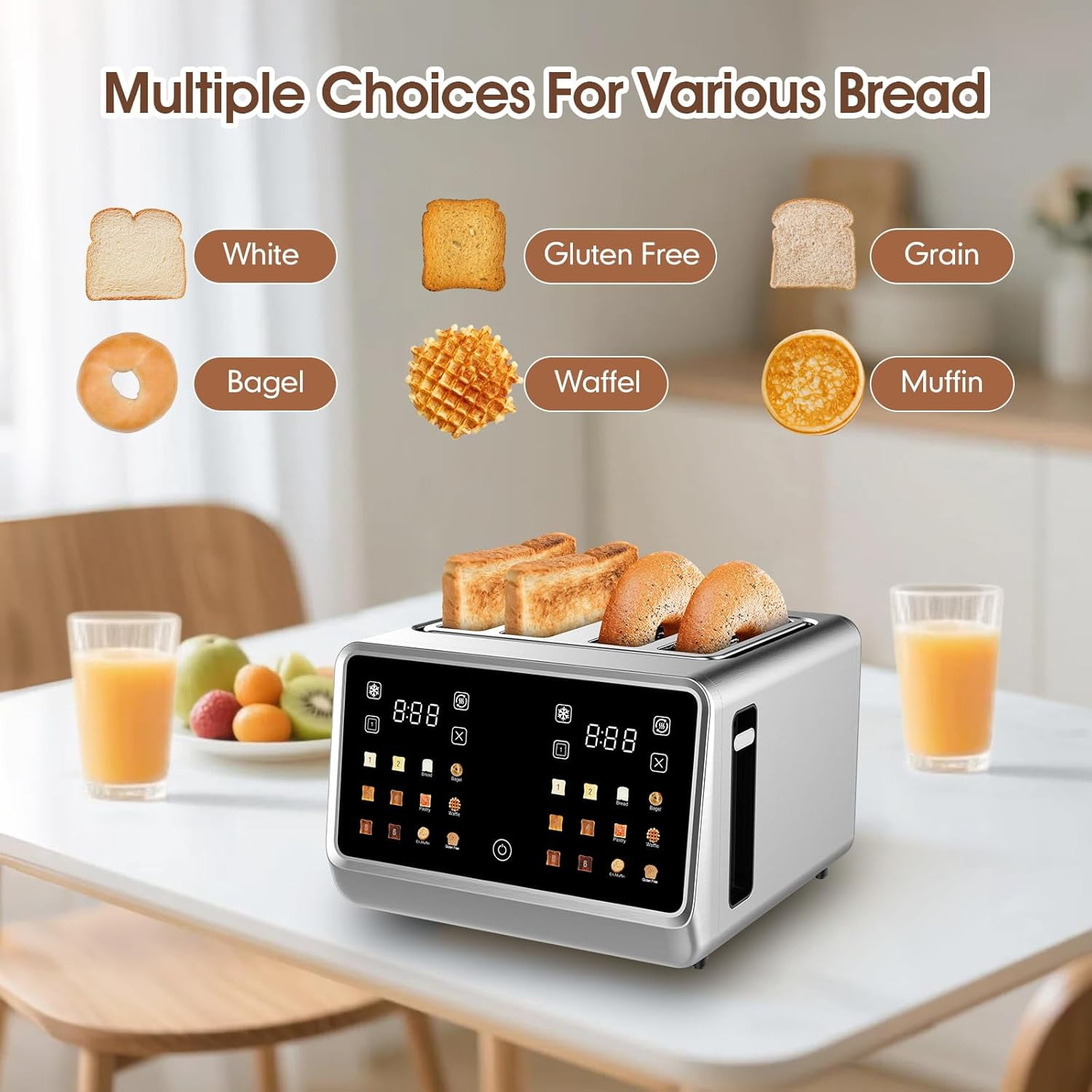 4 Slice Touch Screen Toaster with LCD Display Stainless Steel Digital Toasters 6 Bread Types& Shade Settings Smart Extra Wide Slots With Bal Cancel Defrost Reheat Functions