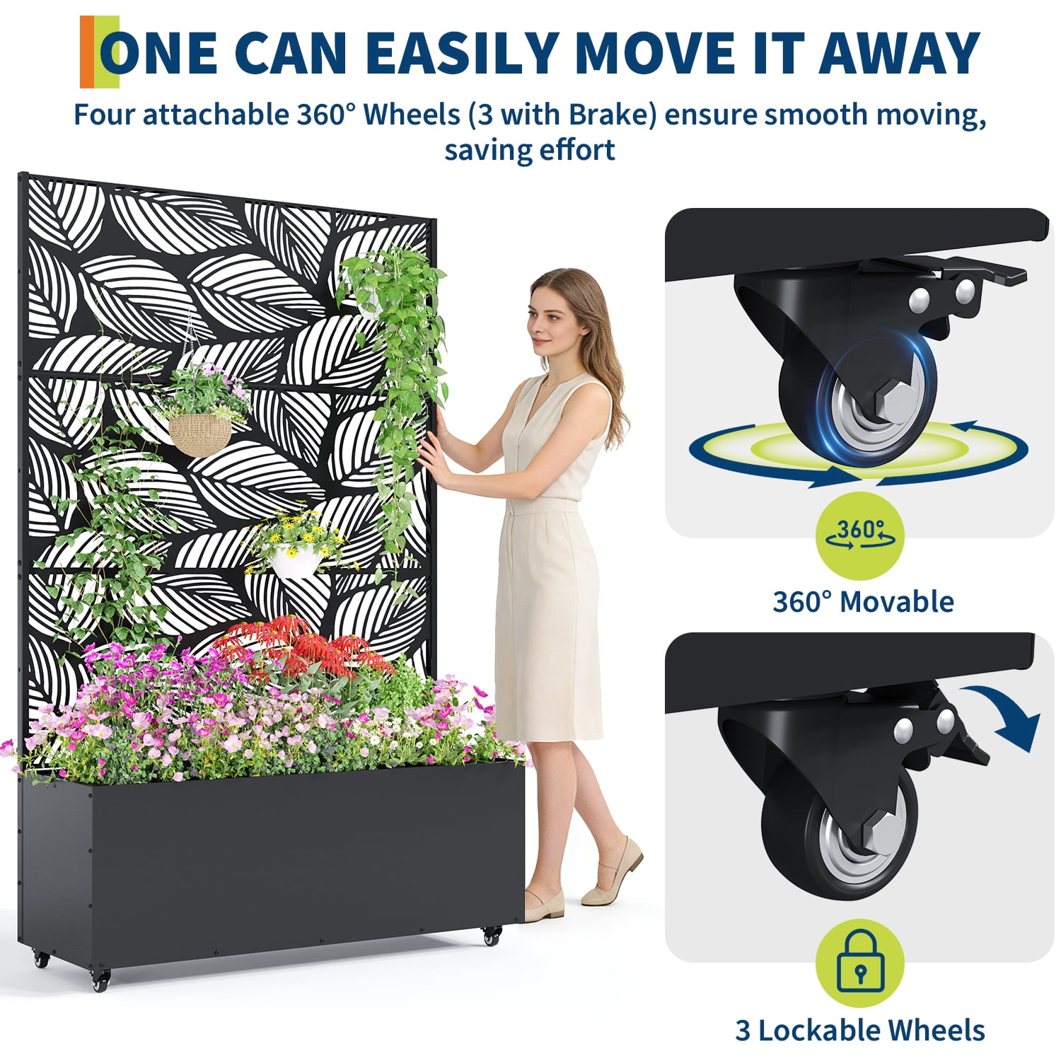 Ataucjin 16" Deep Planting Bed with Drainage Holes,Metal Planter Box with Trellis, Raised Garden Bed with Wheels, Deep Privacy Screen for Climbing Plants,47"X16"X71"