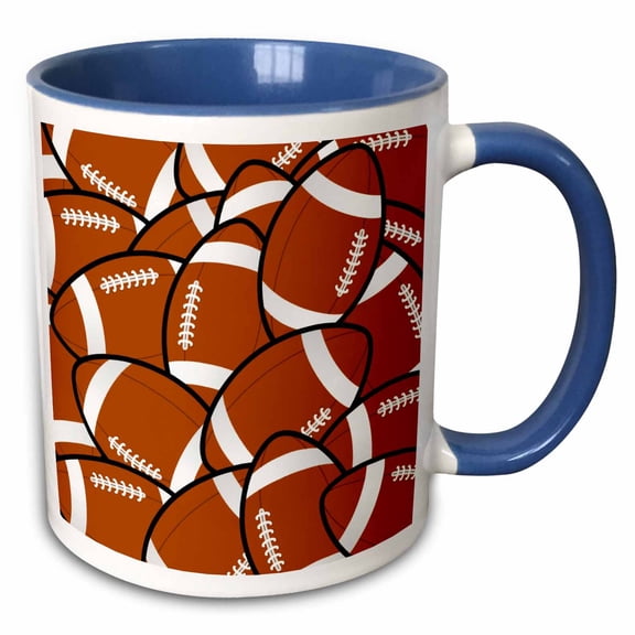 3drose, American Football Pattern - Brown Rugby Ball Cartoon - Orange Footballs - Sport Sporty Coach Team, 11oz Two-tone Blue Mug