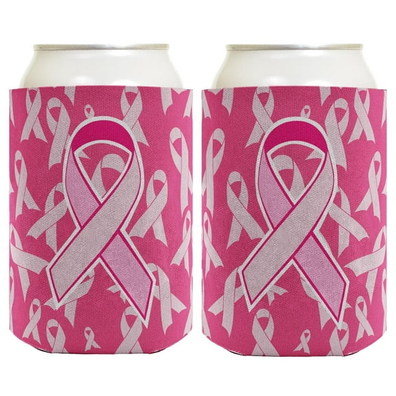 Breast Cancer Awareness Pink Ribbon Loved Survivor 2 Pack Can Coolie Drink Coolers Coolies