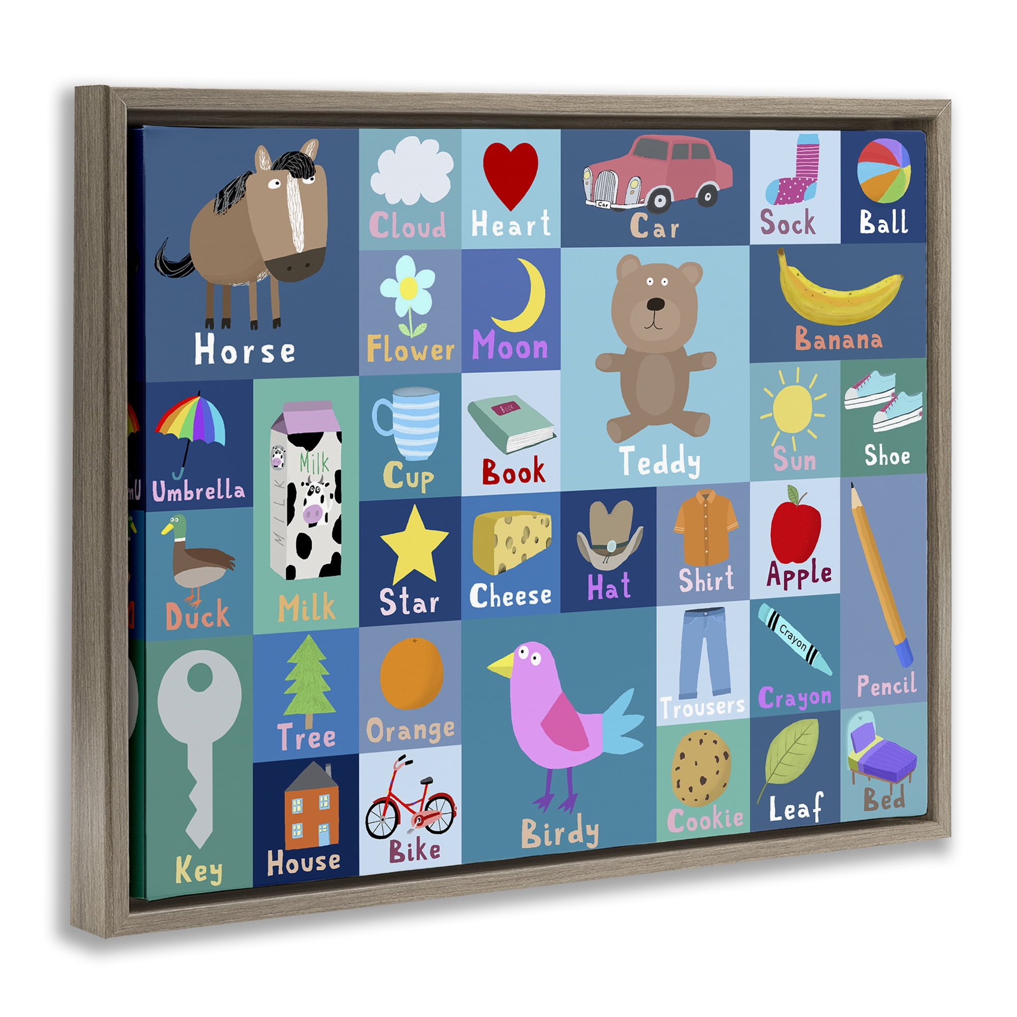 Stupell Industries Blue First Words Brown Framed Floater Canvas Wall Art, design by Carla Daly