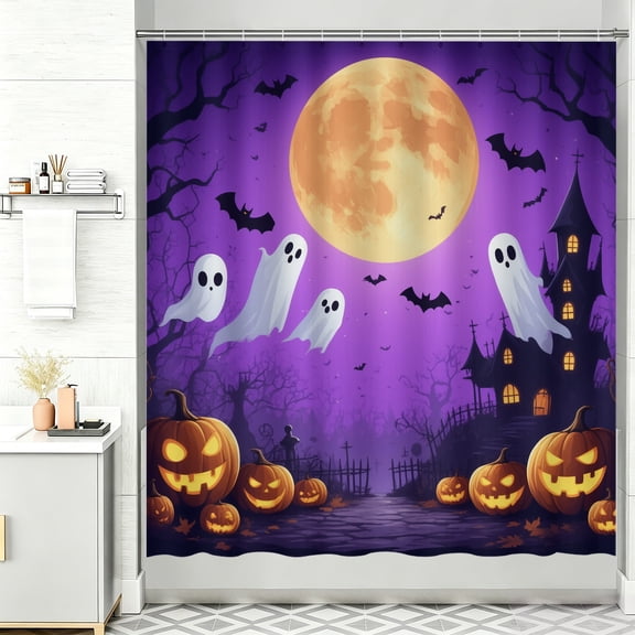 Happy halloween shower curtain A halloween scene with ghosts and pumpkins in front of a haunted house curtains shower 72 x 72 shower curtain halloween aesthetic decor