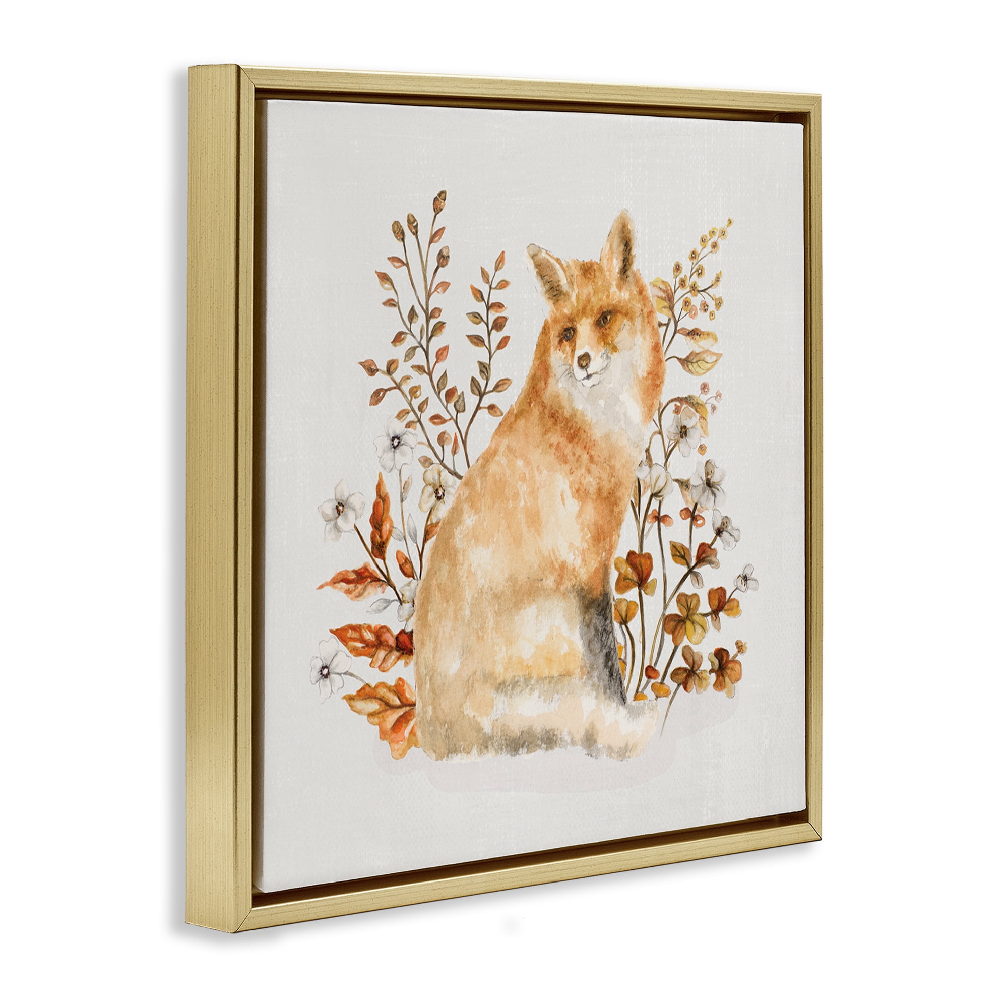 Stupell Industries Rustic Fox & Botanicals Animals & Insects Painting Gold Floater Framed Canvas Art Print Wall Art, 25 x 25