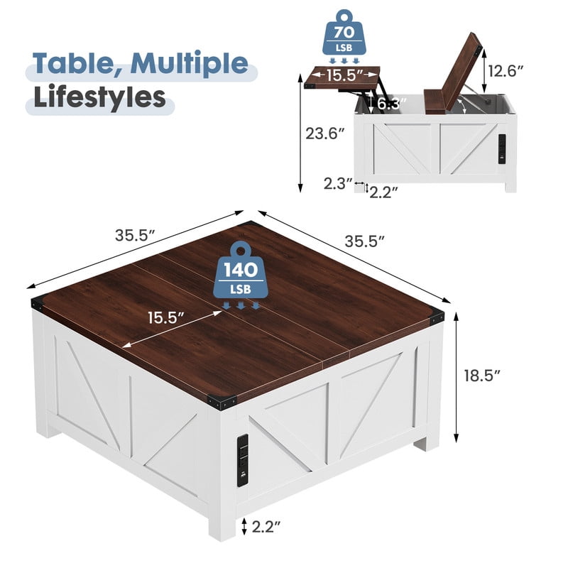 Gianna Lift Top Coffee Table with Storage and Charging Station, Square Center Table with USB Ports and Hidden Space for Living Room，White
