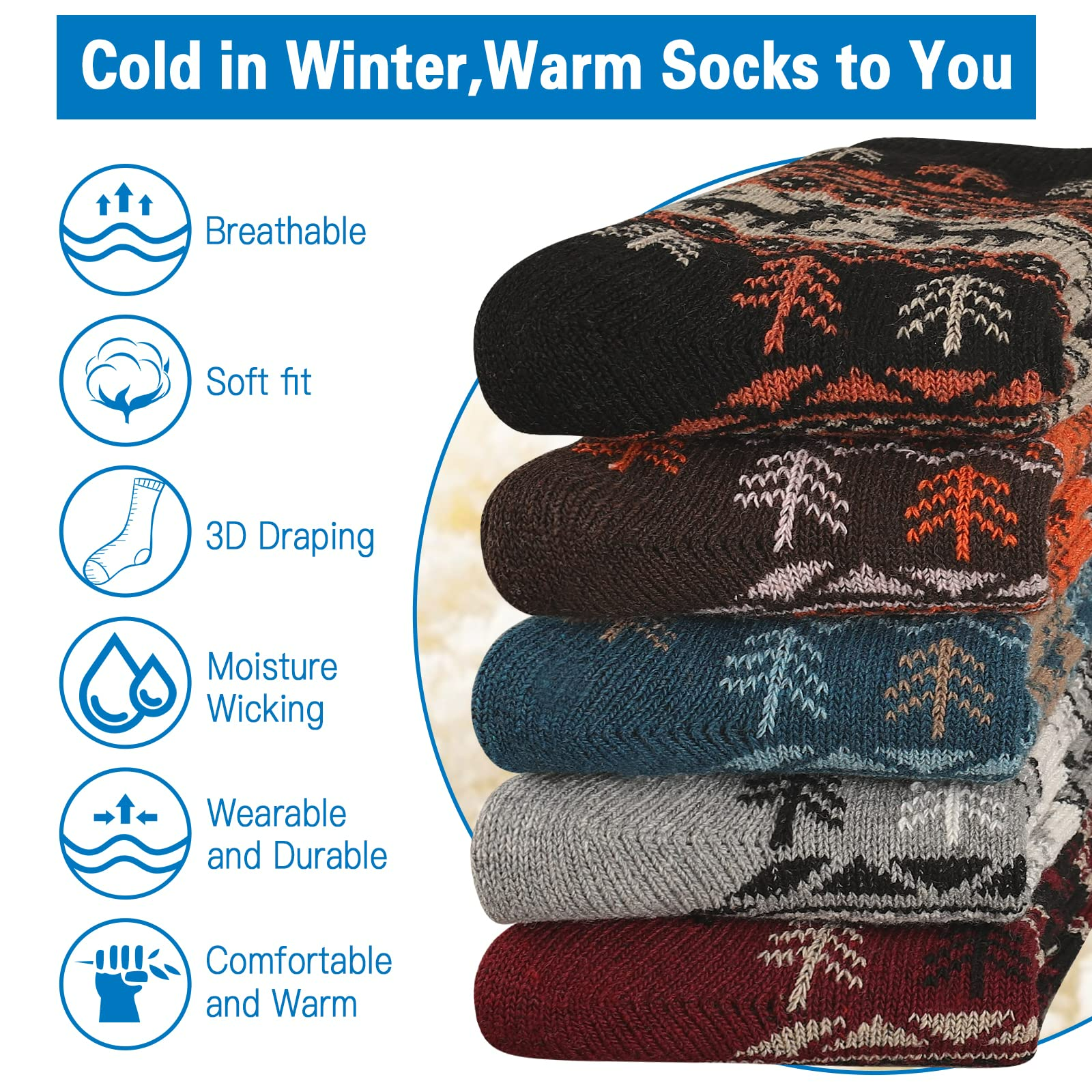 COOPLUS Men's Wool Crew Socks, 5-Pack photo 4