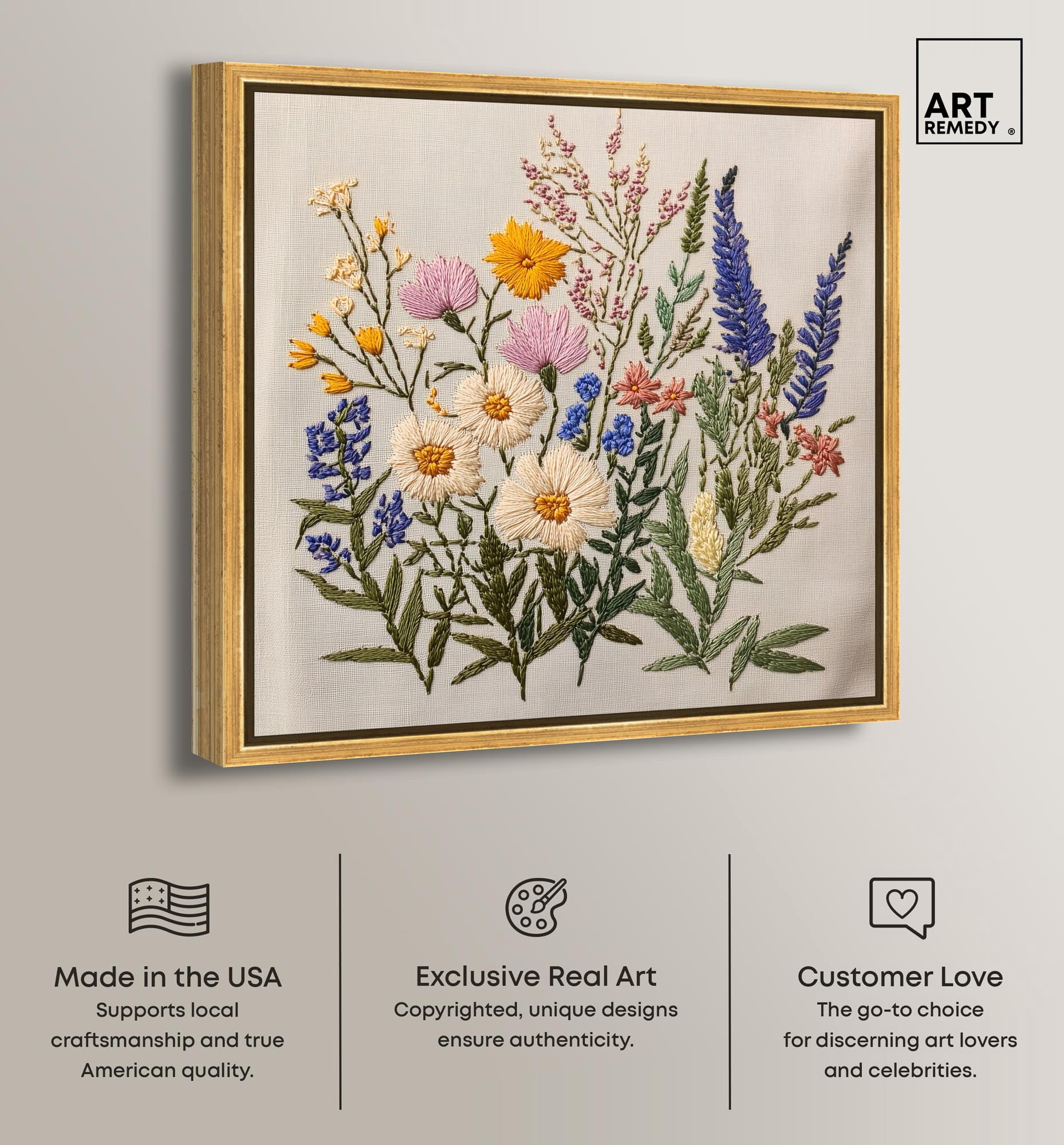 Needlepoint Prairie Posy Canvas Floral Prints by Art Remedy, Gold Frame, 12 x 12