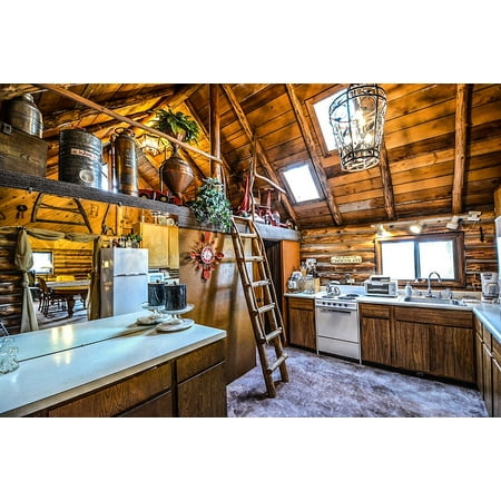 Peel-n-Stick Poster of Rustic Cabin Interior Kitchen Log Ladder Home Poster 24x16 Adhesive Sticker Poster