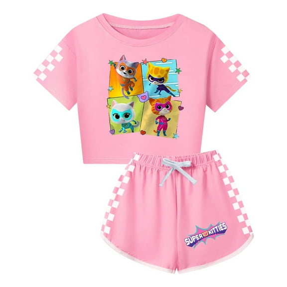 Kids SuperKitties Clothing Set – Girls Short Sleeve T-Shirt and Shorts – Cute Cartoon Cat Summer Look