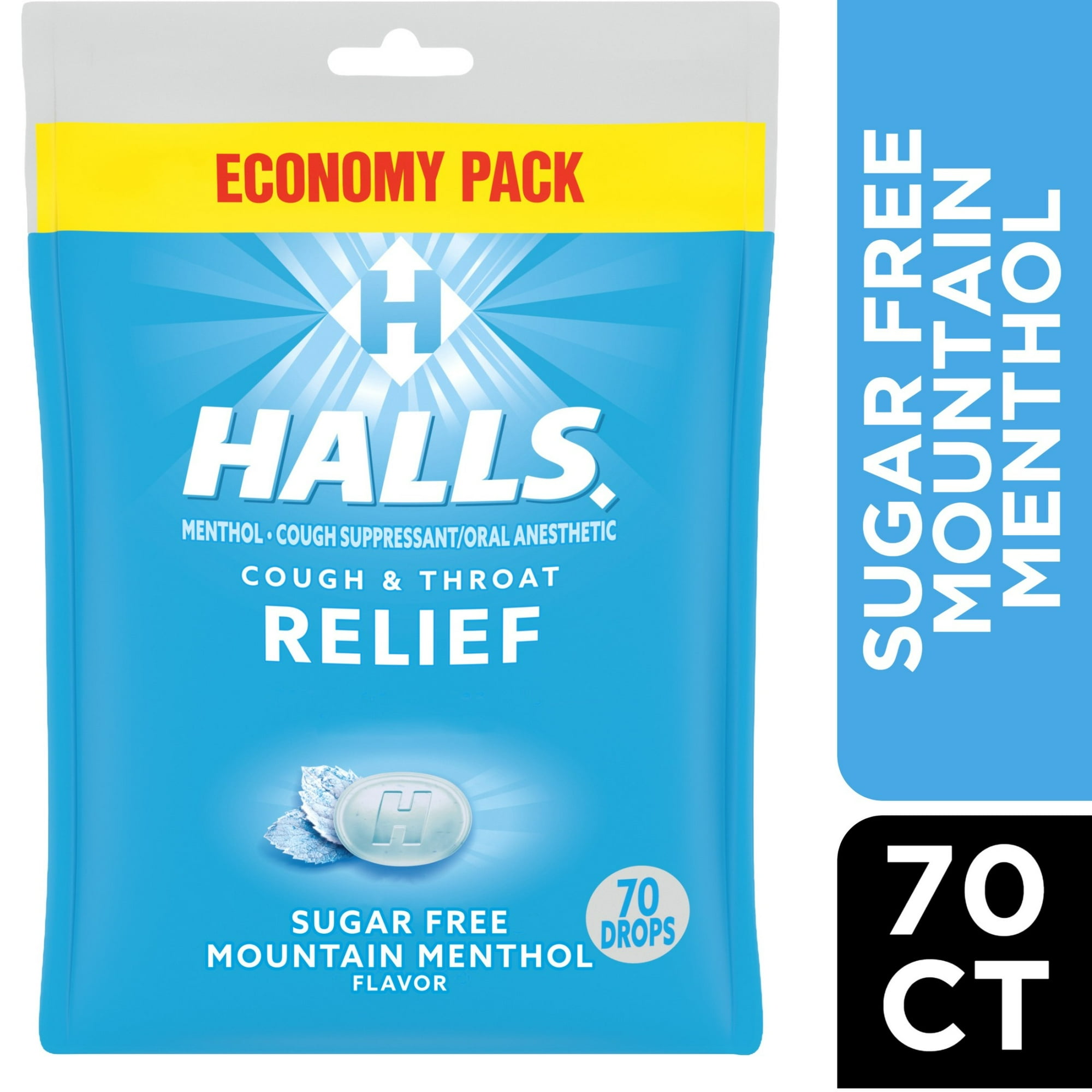 HALLS Cough and Throat Relief Mountain Menthol Sugar Free Cough Drops, No Synthetic Dyes, FSA/HSA Eligible, Value Pack, 70 Drops