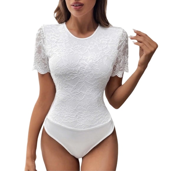 Combinaison Élégante pour Femme à Col en V Ajouré à Manches Longues en Dentelle Justaucorps pour Tenue Décontractée et Déclaration de Mode
