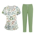 thumbnail image 2 of WTOBBY Plus Size Women's Short Sleeve Printed Scrubs Set, V-Neck with Pockets, Animal Floral Design, 2-Piece Nursing Uniform, Medical Workwear for Caregivers,Green S, 2 of 4