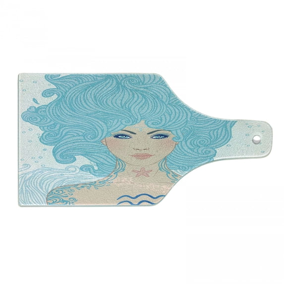 Zodiac Aquarius Cutting Board, Woman with Effects Tattoo Body Signs, Decorative Tempered Glass Cutting and Serving Board, Wine Bottle Shape, Pale Peach Aqua Coral, by Ambesonne