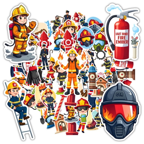 35pcs-50pcs Cartoon Firefighter Stickers Safety Hero Stickers Rescue Equipment Stickers for Laptops Suitcases Phones
