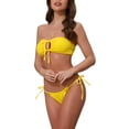 thumbnail image 4 of INSPIRE CHIC Women's O Ring Ruched Bandeau Ribbed Bikini Sets, 2 Piece Tie Front Top Triangle Bottom Swimwear Bathing Suits Small Yellow, 4 of 5