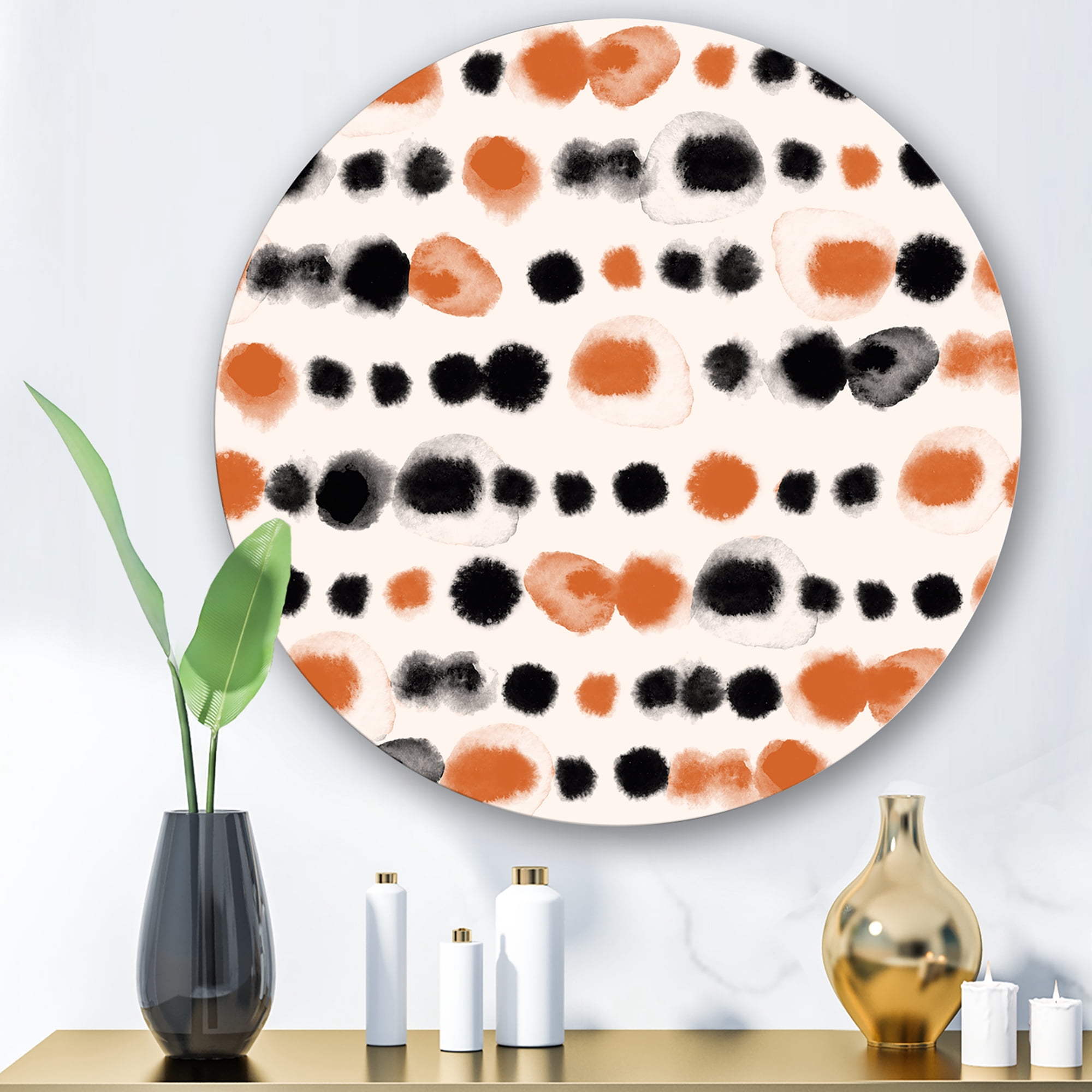 Designart 'Orange and Black Polka Dots' Modern Circle Metal Wall Art 11x11 - Disc of 11